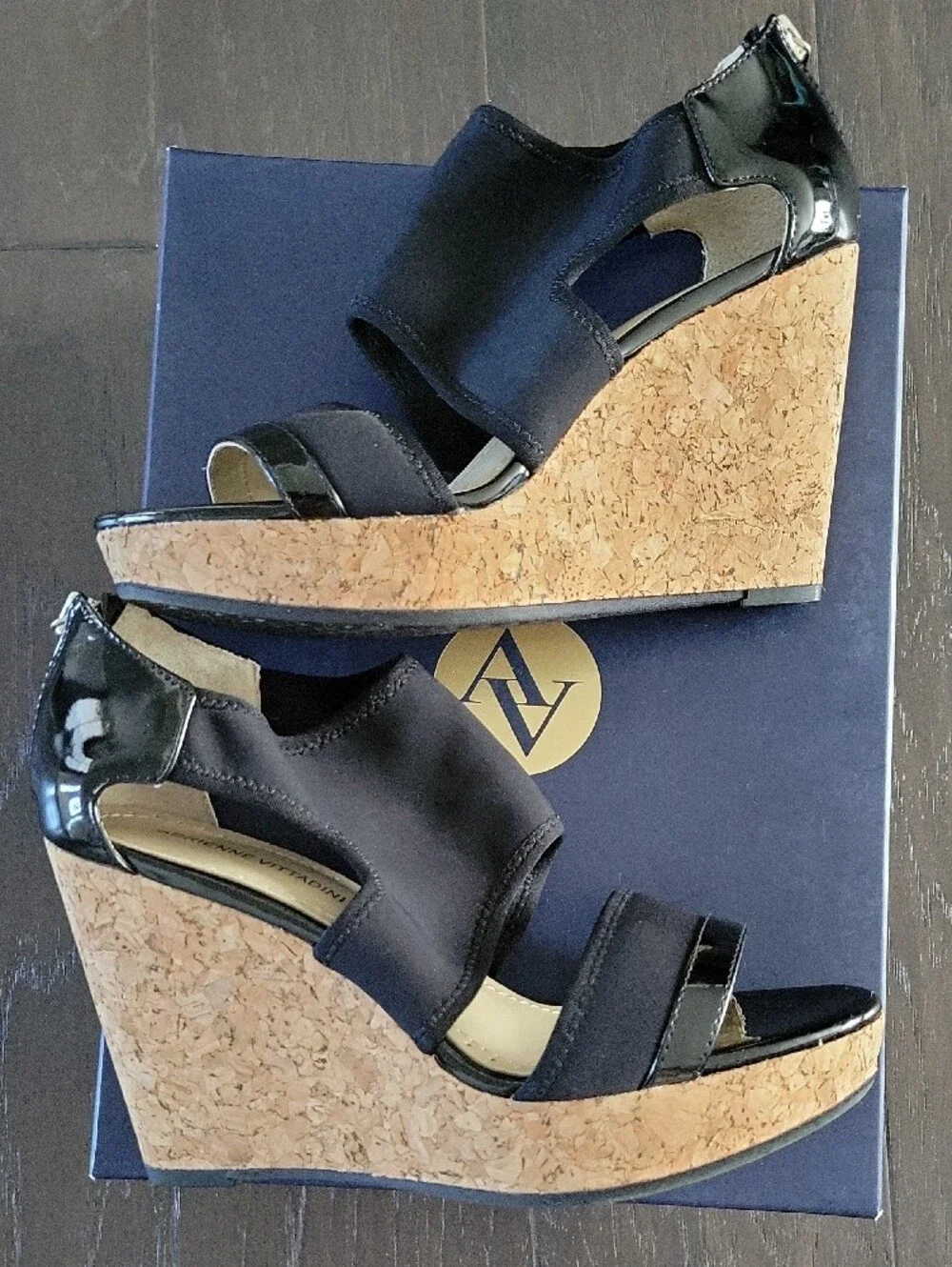 Adrienne Vittadini Black Cork Platform Wedge Sandals